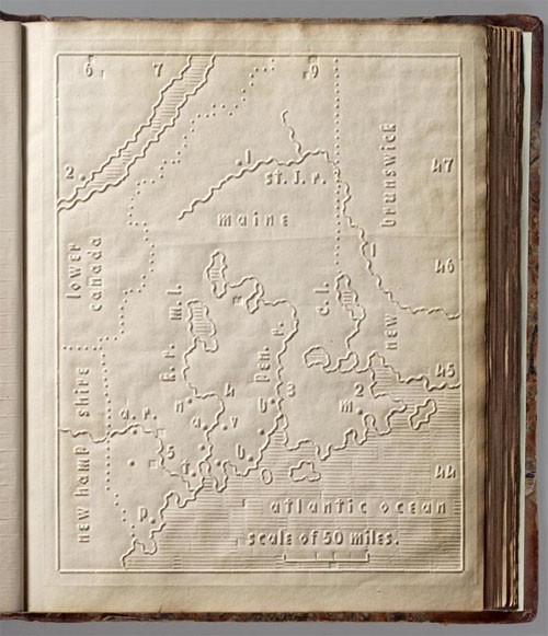 First map (of Maine) in an 1837 Atlas of the United States for the Use of the Blind.